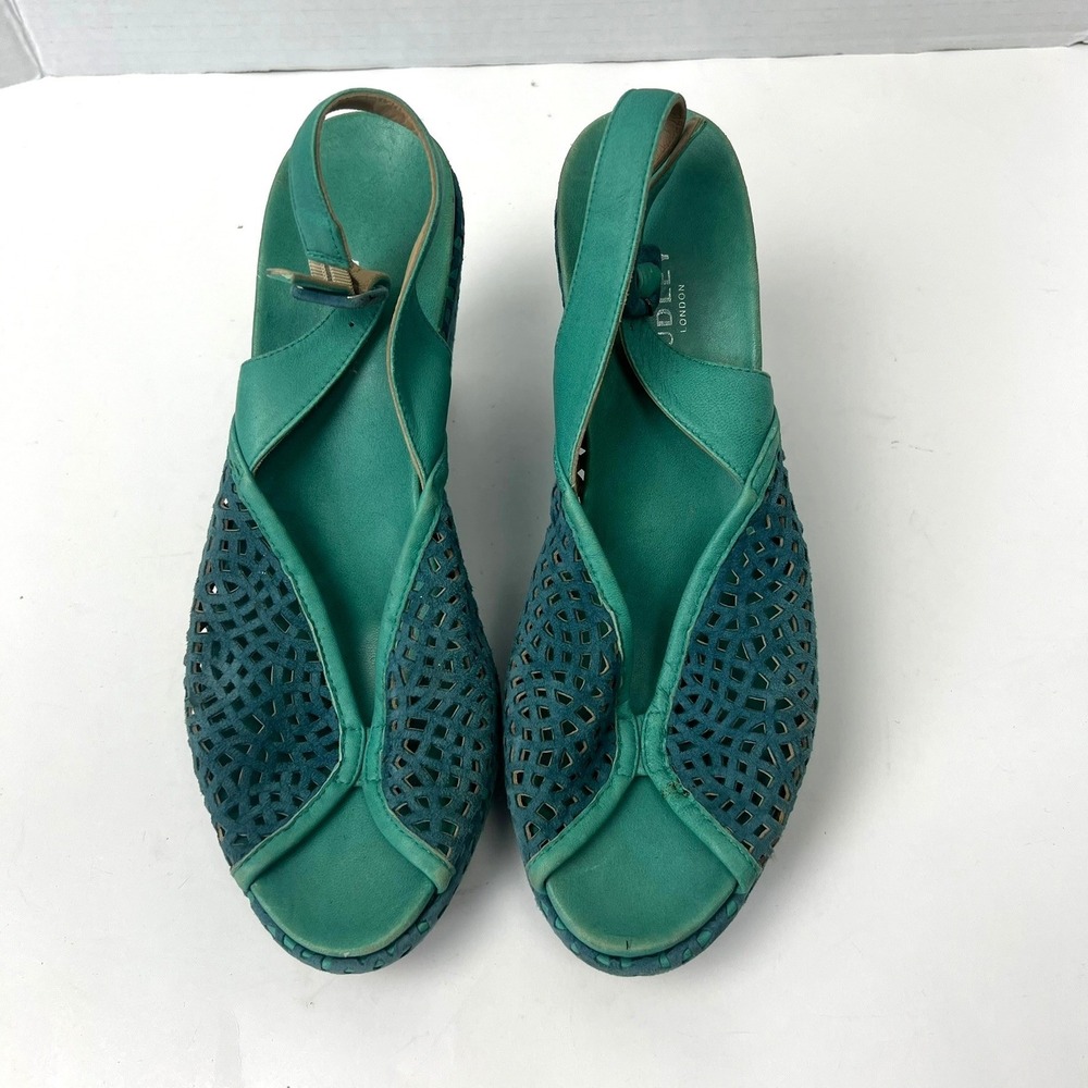 Audley London Teal Green Suede Laser Cut Wedge Sandals 9 Peep Toe Slingback Boho - Picture 3 of 12